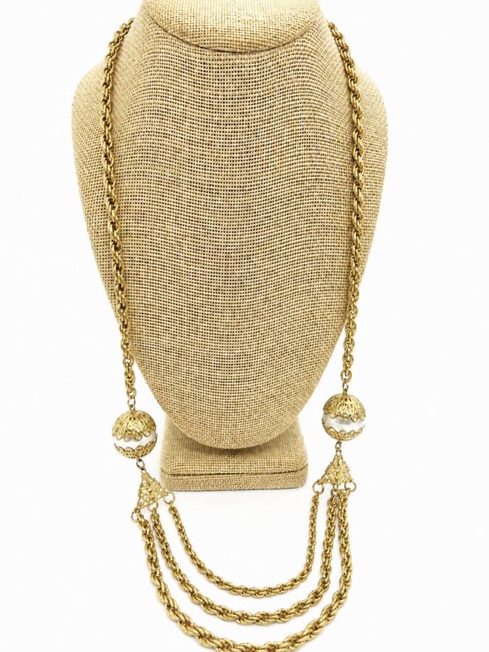 VINTAGE FAUX PEARL NECKLACE Gold Tone Rope Chain Victorian Revival Filigree